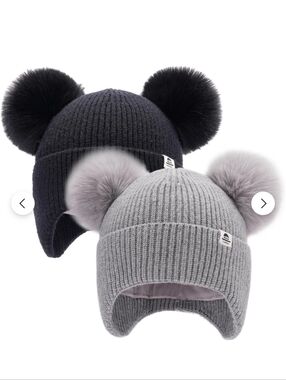 Furtalk Gray & Black Ribbed Knit Beanies With Pom Poms.grows With Your Child